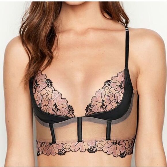 Victoria's Secret Very Sexy Black and Nude Pink Lace Balconet Bra Longline 34C - Picture 1 of 5